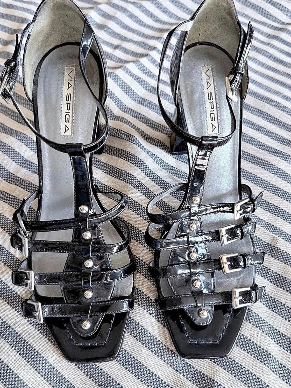 Via Spiga Vintage Black Patent Leather Caged Strappy Sandals Heels Size 9M Italy